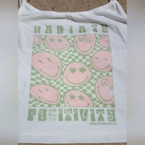 Smiley World cropped white tank top w/ pink smiley faces "RADIATE POSITIVITY "XL